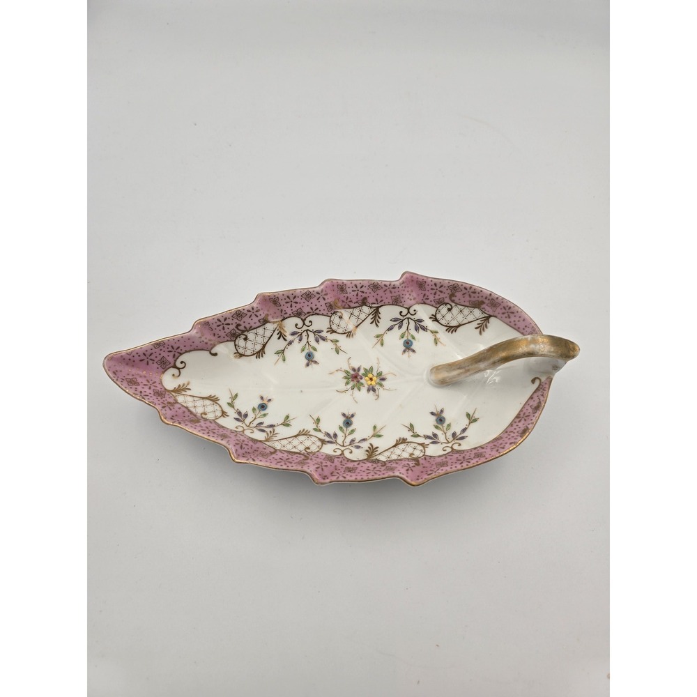 Vintage Leaf Dish Trinket Jewelry Box Pink Gold Floral Porcelain Candy Nut‎ Tray